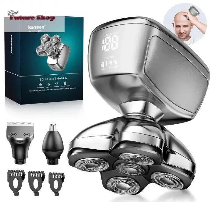 IPX6 impermeável máquina de barbear cabeça para carvo com cabeças magnéticas 5D, corta-pelos e nariz, barbear a seco e húmido, carregamento USB-C - Rios Future Shop
