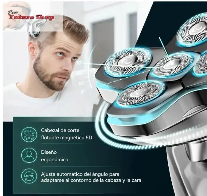 IPX6 impermeável máquina de barbear cabeça para carvo com cabeças magnéticas 5D, corta-pelos e nariz, barbear a seco e húmido, carregamento USB-C - Rios Future Shop