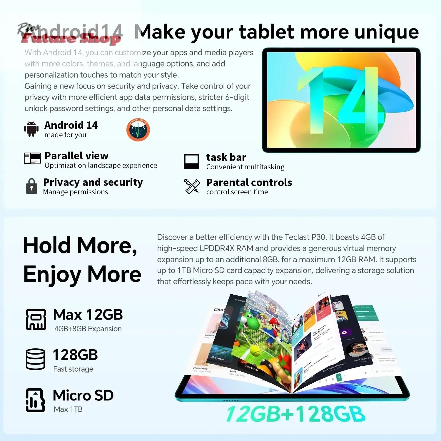 Teclast P30 Android 14 Tablet, 10.1 Inch, up to 12Gb Ram, 128Gb Rom, 1280X800 Ips, Unisoc T606, 8 Cores, 6000 Mah - Rios Future Shop